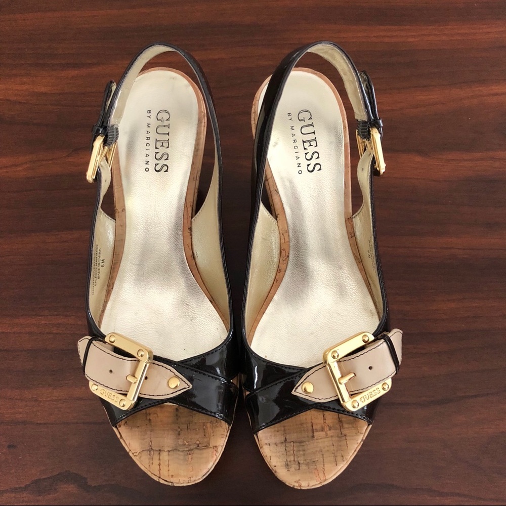 Guess by Marciano Brown and Gold Peeptoe Wedges